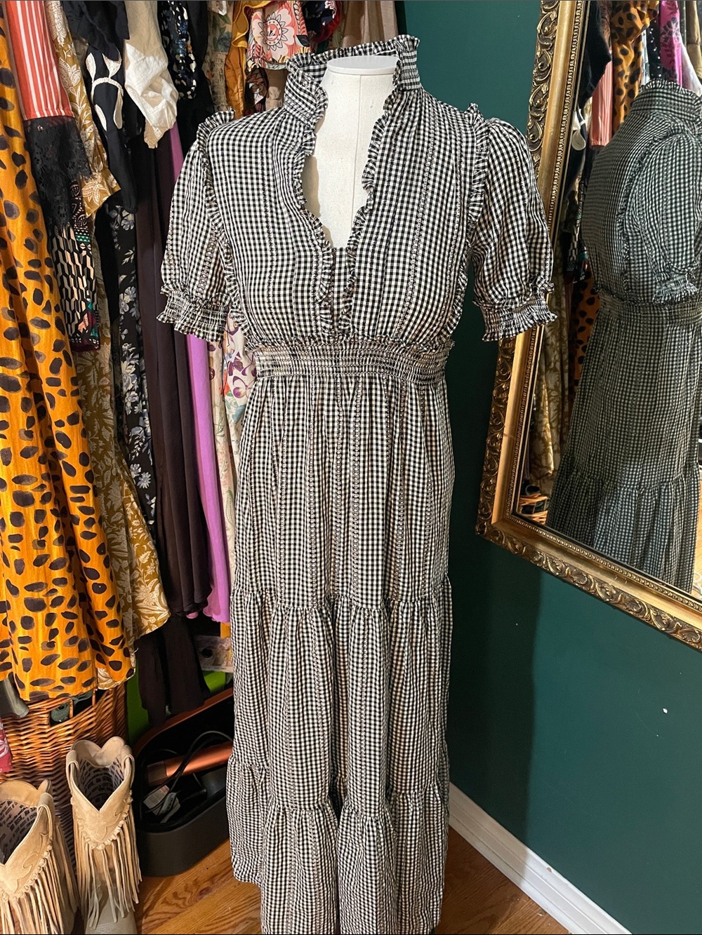 Max Studio Gingham Ruffle-Trim Maxi Dress - Black & White